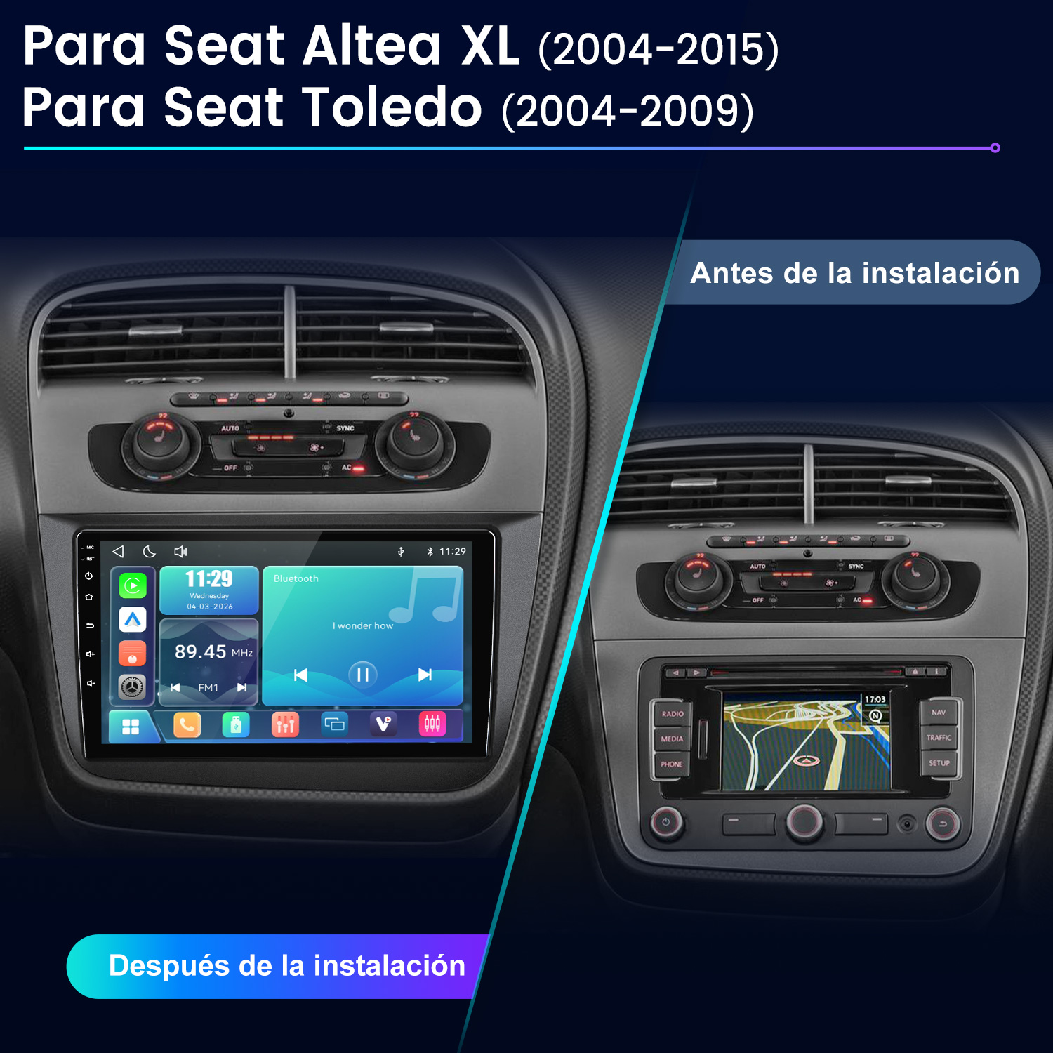 Comparación de radio de coche antes y después. Antigua vs nueva pantalla táctil.