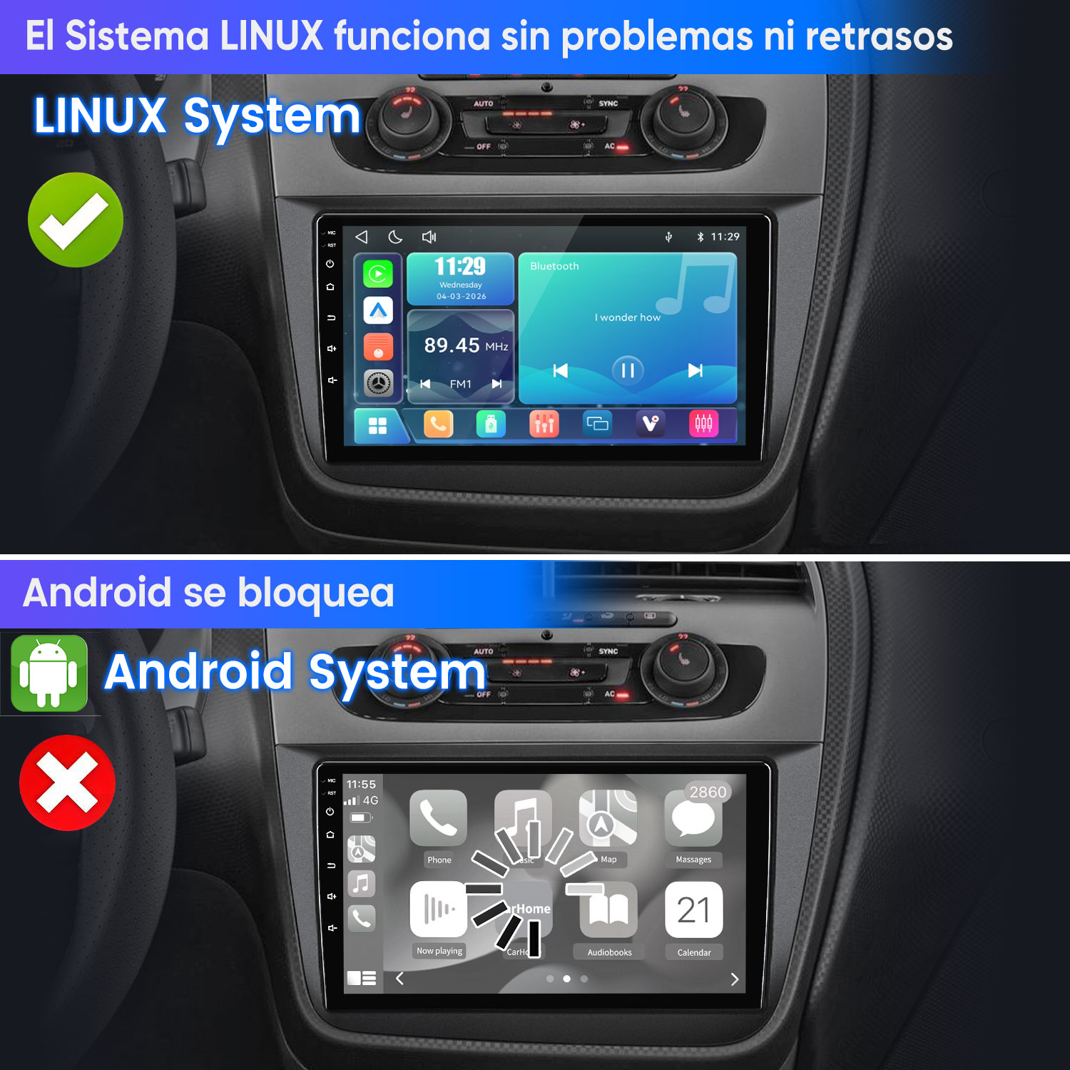 Sistema Linux en coche: marca de verificación. Sistema Android en coche: cruz.