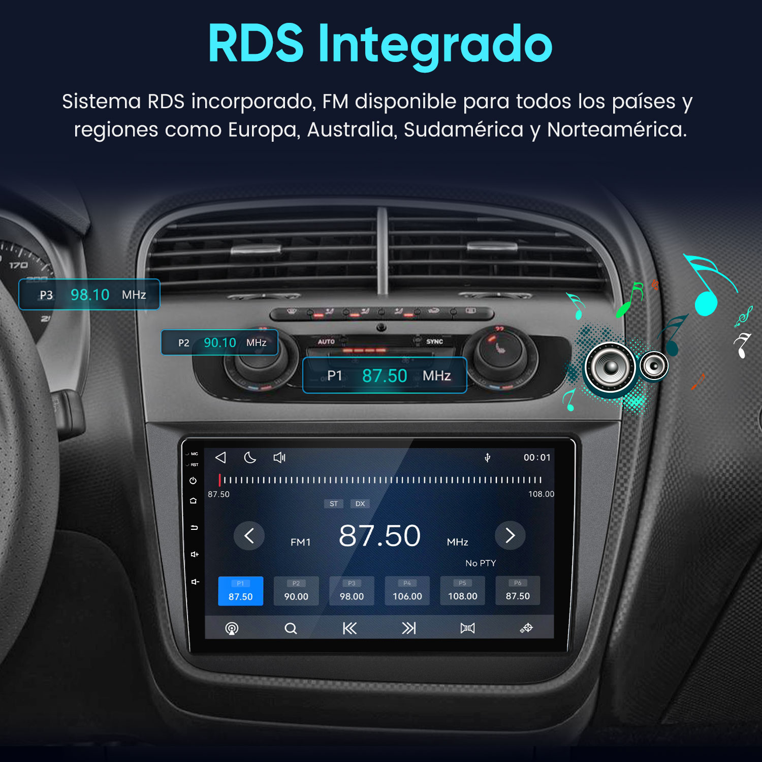 Radio de coche digital con pantalla táctil, muestra emisora FM 87,50 MHz.