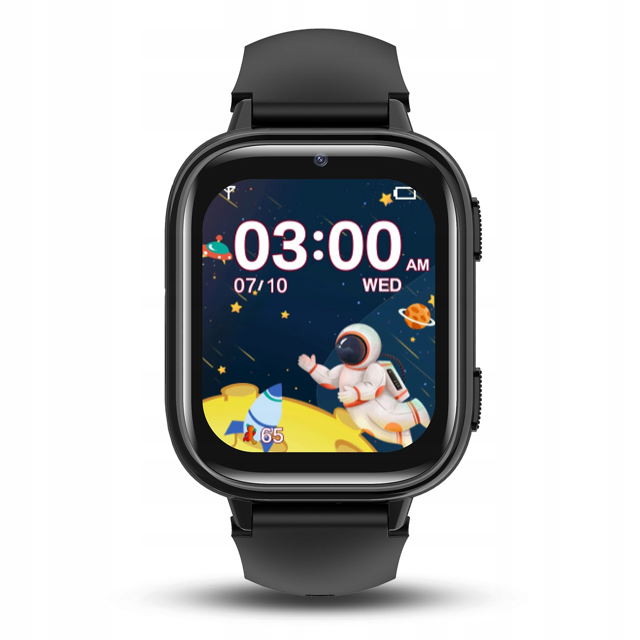 Czarny smartwatch pokazuje 3:00 AM, środa, 10 lipca, z astronautą i rakietą na ekranie.