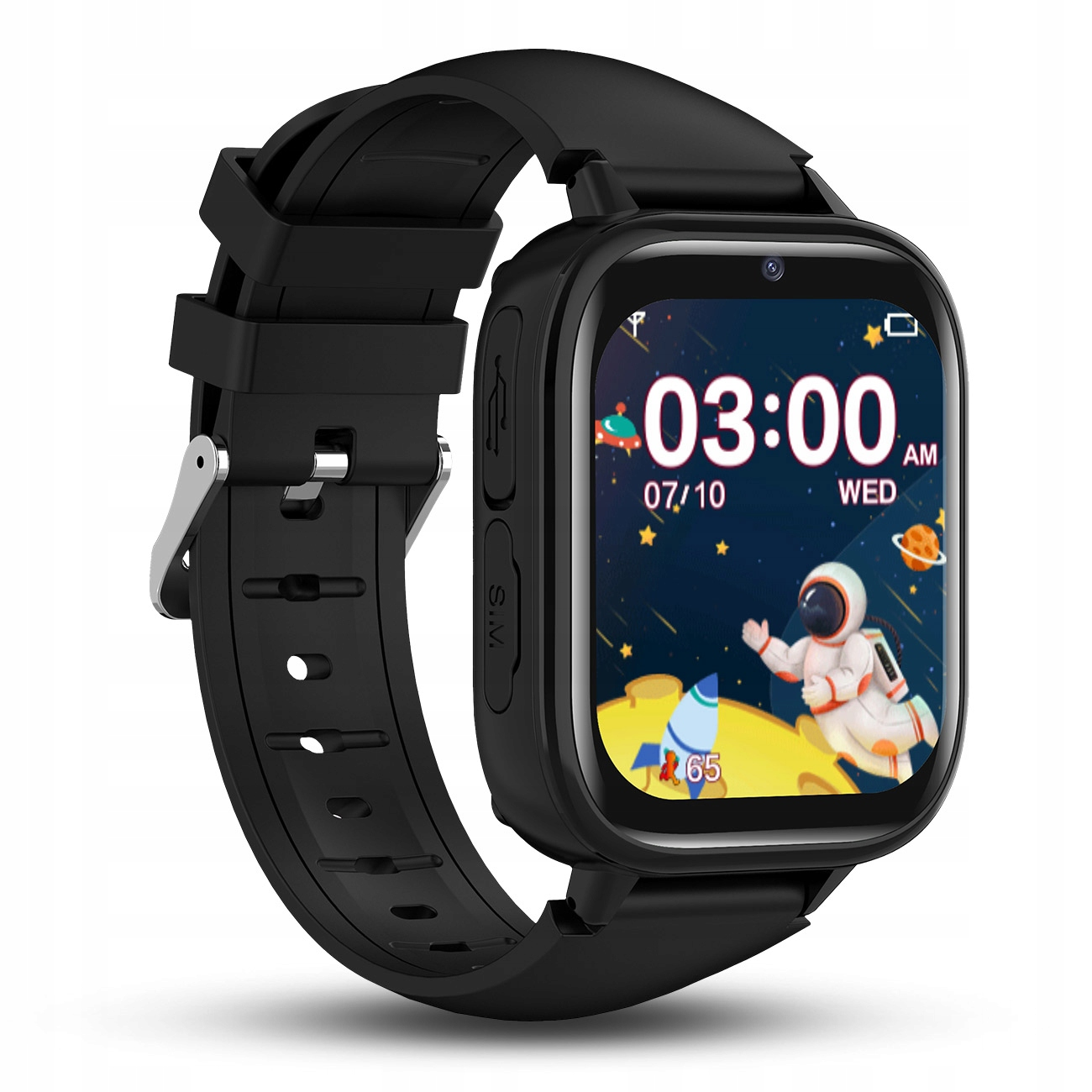 Czarny smartwatch z motywem kosmosu: astronauta, rakieta, planety. Godzina 03:00.