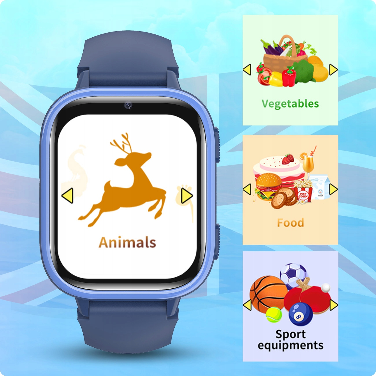 Niebieski smartwatch wyświetla kategorie: Zwierzęta, Warzywa, Jedzenie,