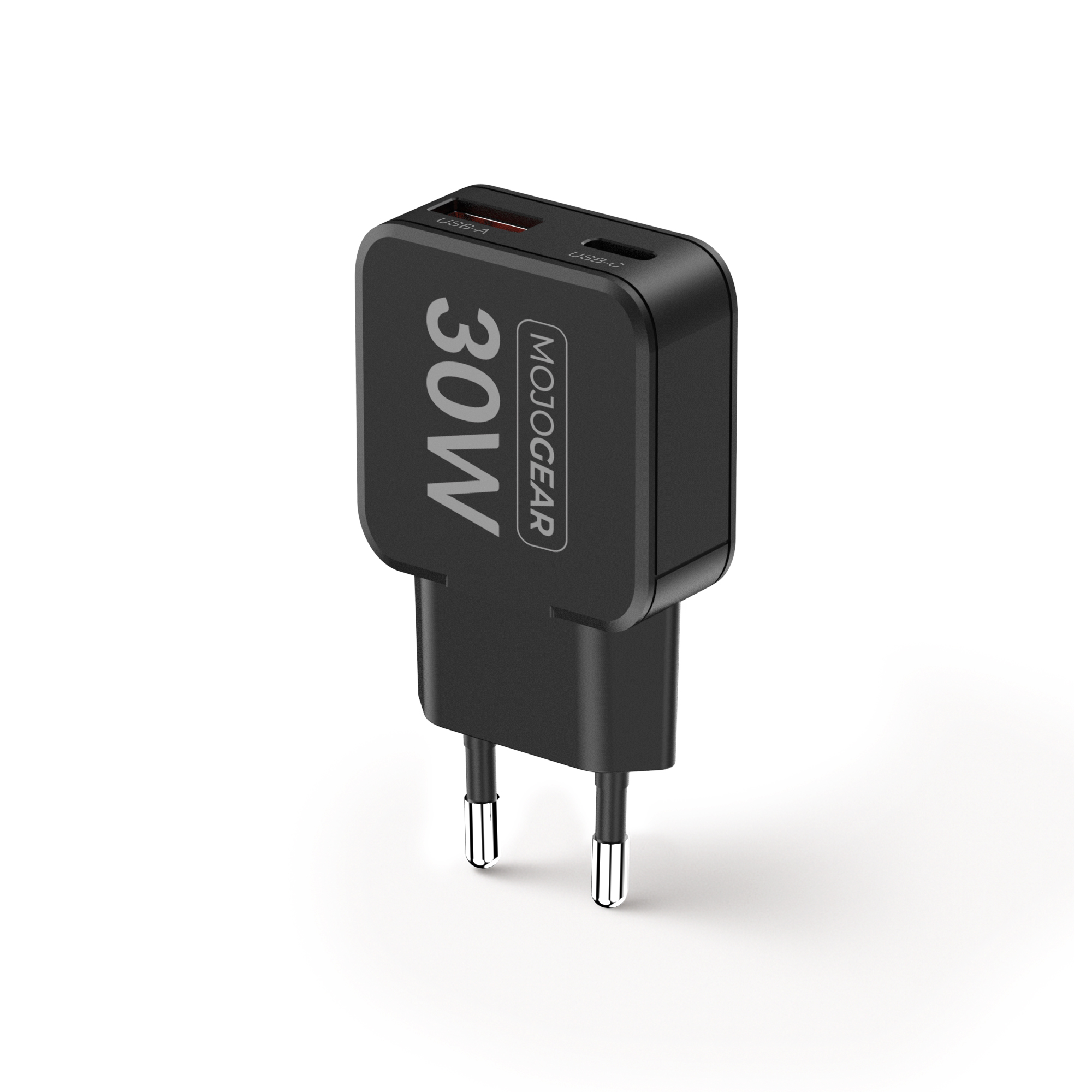 Schwarzer 30W USB-Ladegerät mit USB-A und USB-C Anschlüssen.