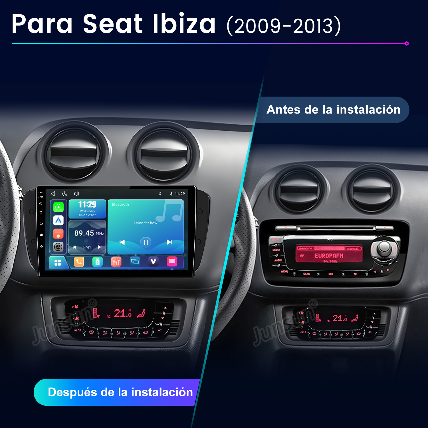 Comparación antes y después del salpicadero de un Seat Ibiza con radios nuevas y viejas.