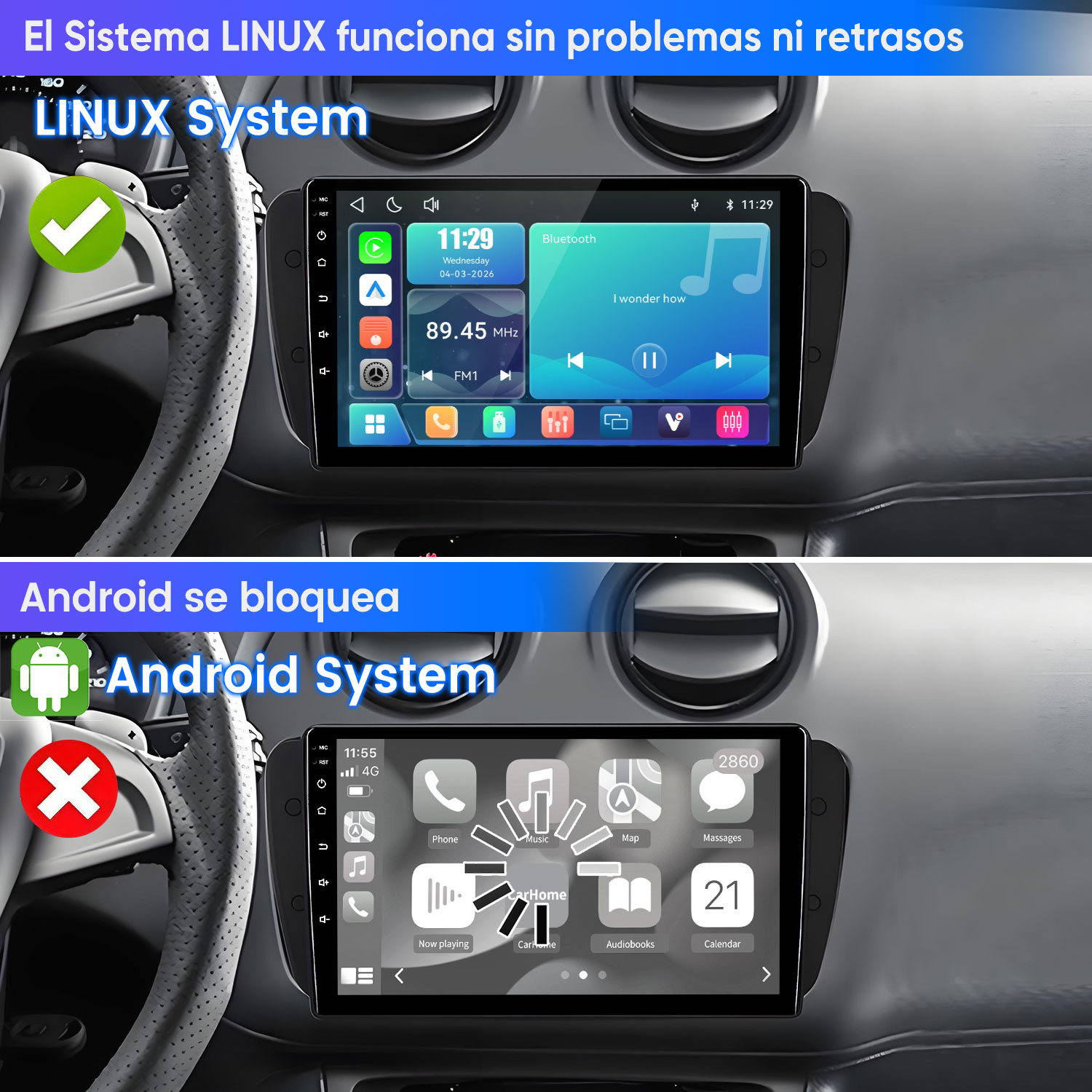 Dos sistemas de infoentretenimiento para coche: Sistema Linux con marca verde y Sistema Android con cruz roja.