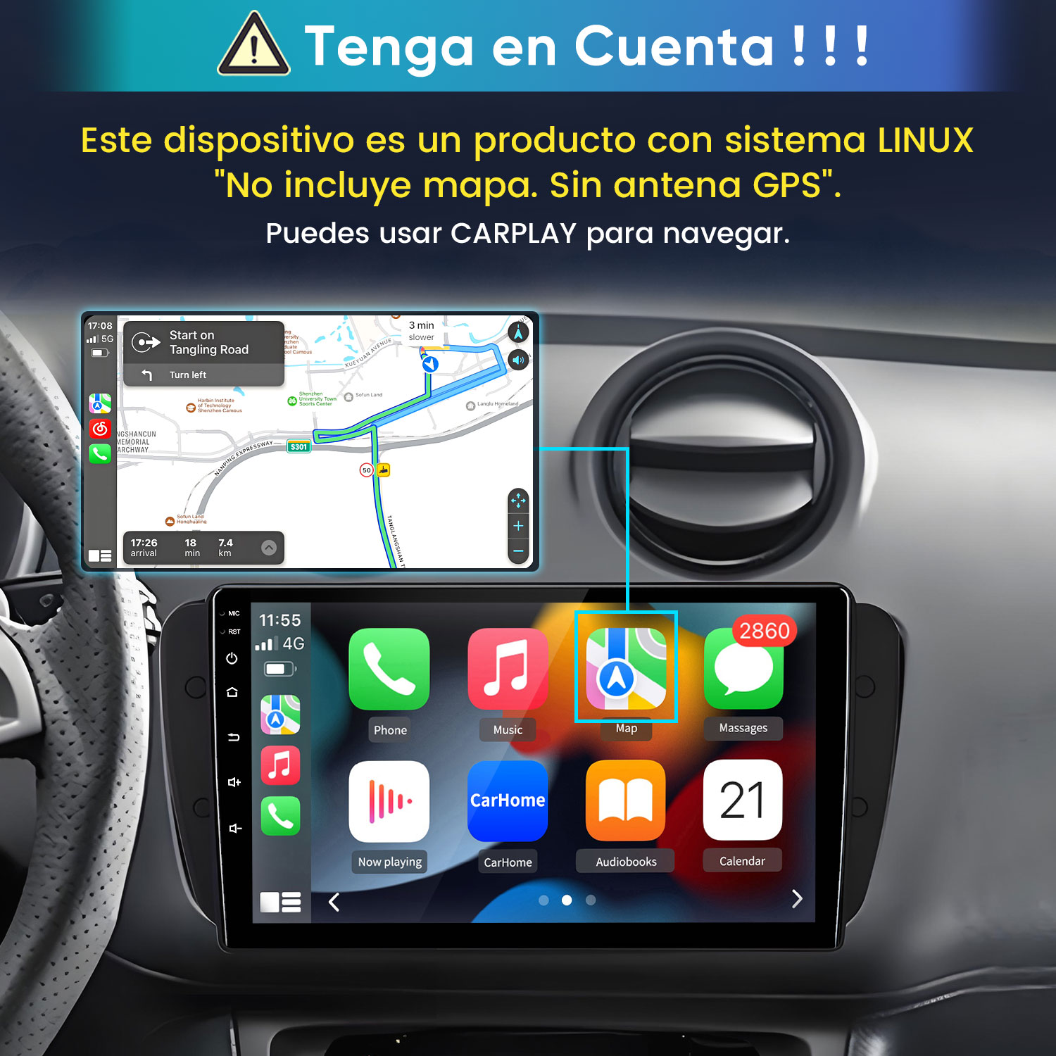 Un estéreo de coche con pantalla táctil muestra una app de navegación e iconos como Teléfono y Música.