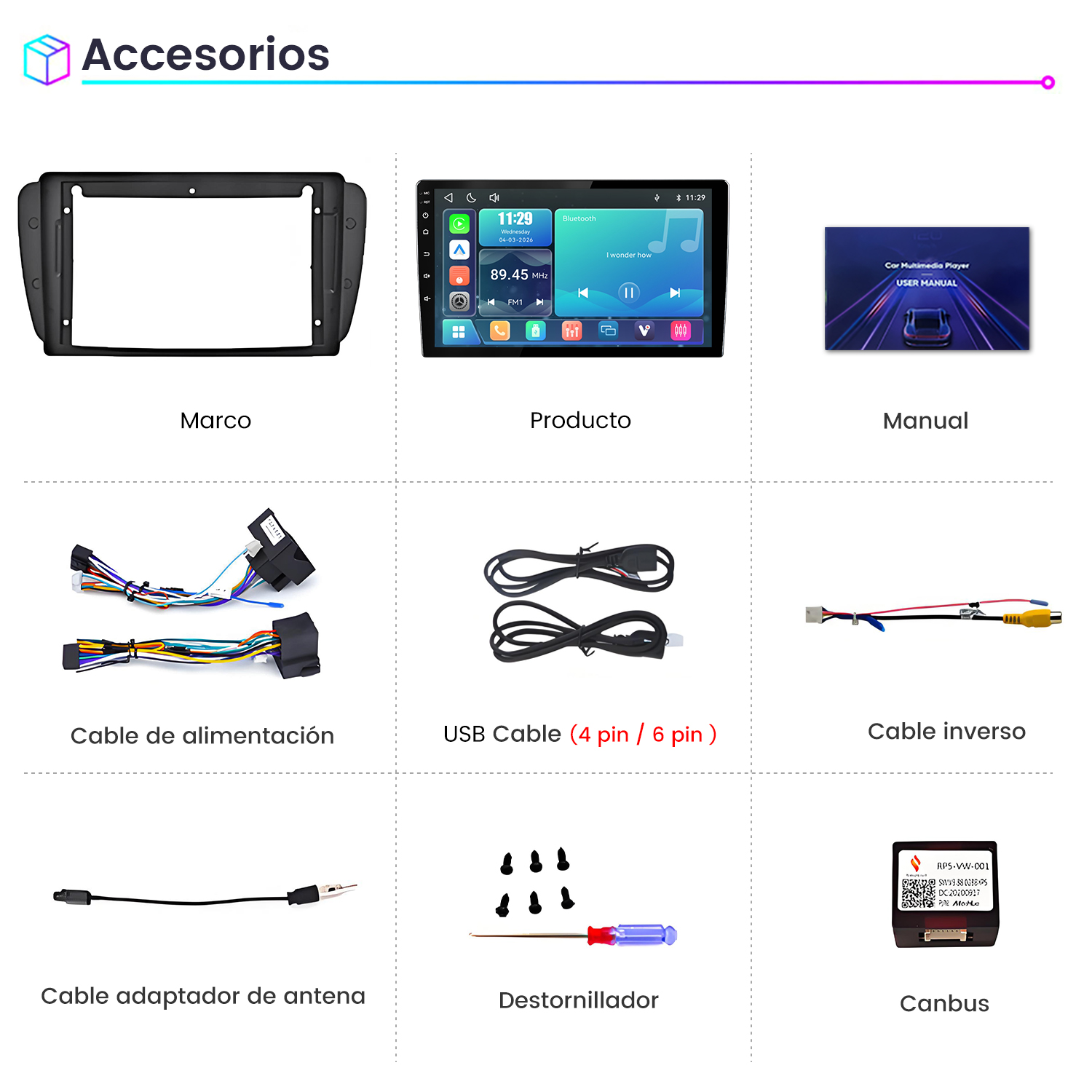 Un marco negro, radio de coche, manual, cables, cable USB, destornillador y canbus.
