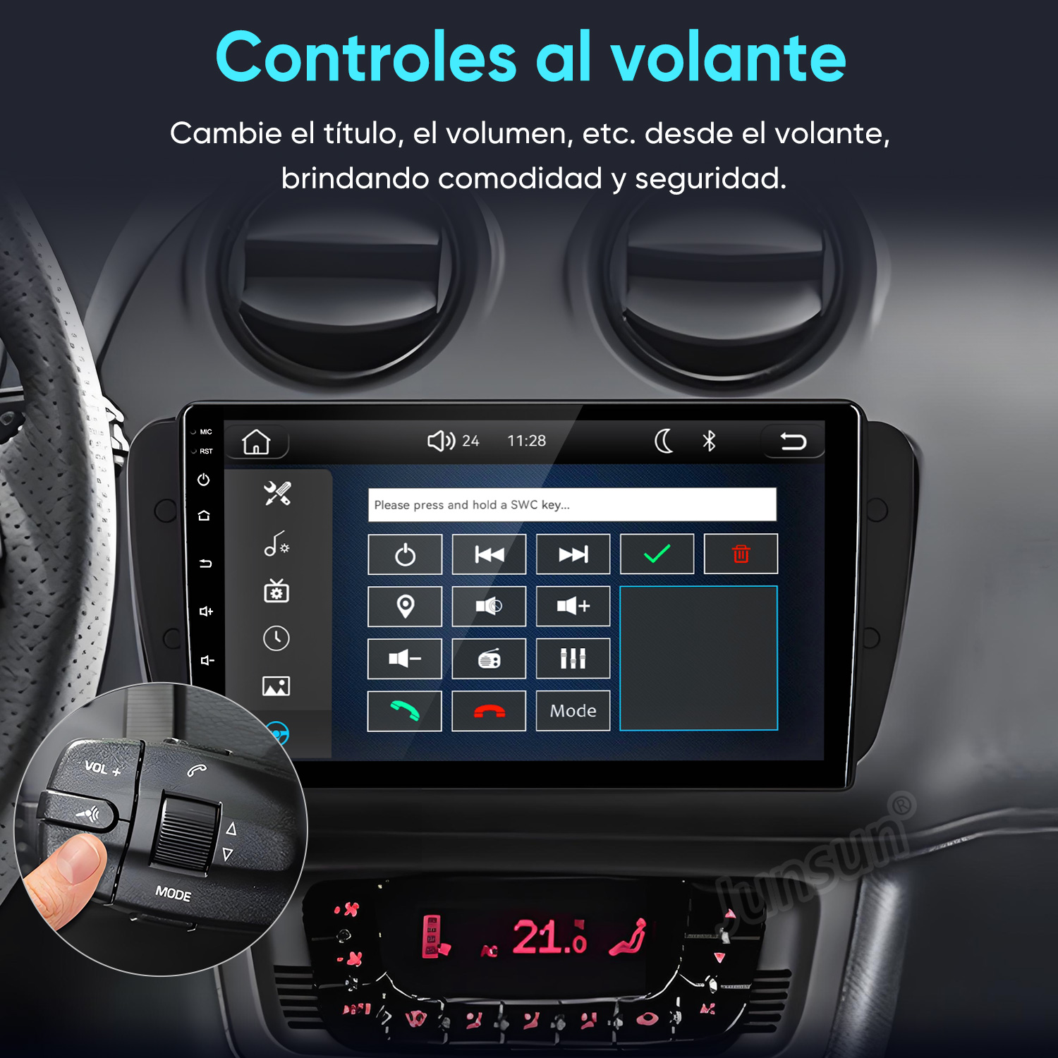 Panel de coche con pantalla táctil y controles en el volante.