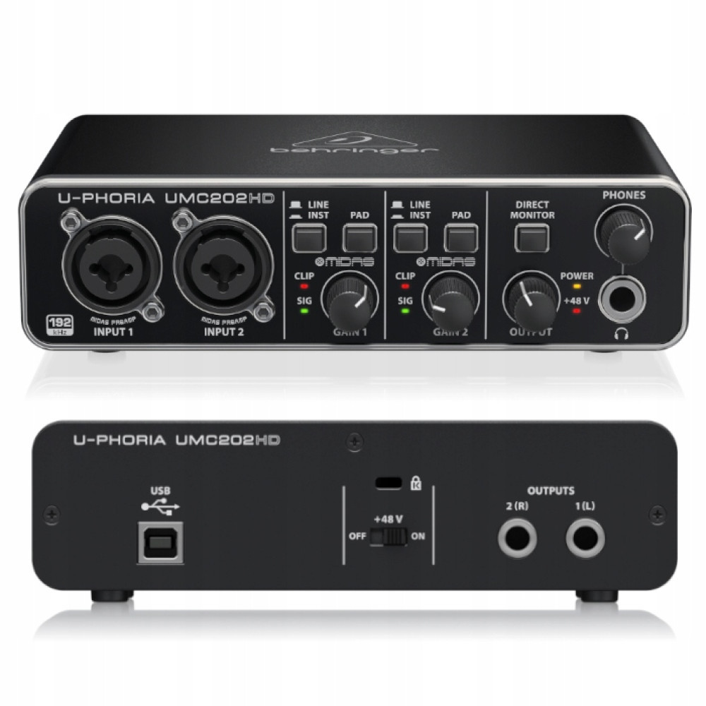 Czarny interfejs audio Behringer U-Phoria UMC202HD z portami i gałkami.