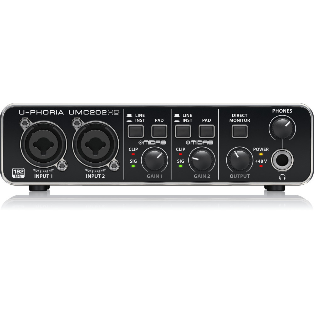 Interfejs audio z 2 wejściami, gałkami i portami.