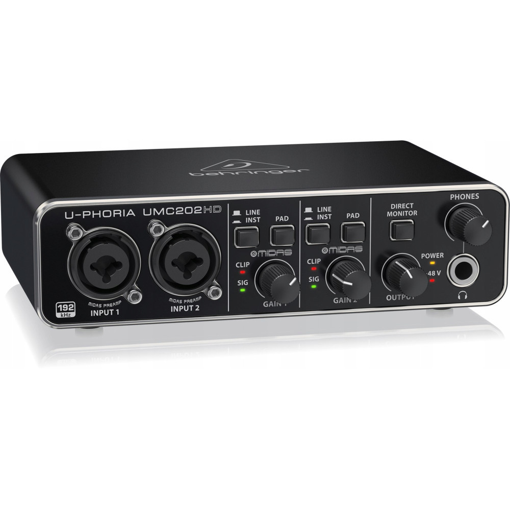 Czarny interfejs audio Behringer U-PHORIA UMC202HD z gałkami i wejściami.