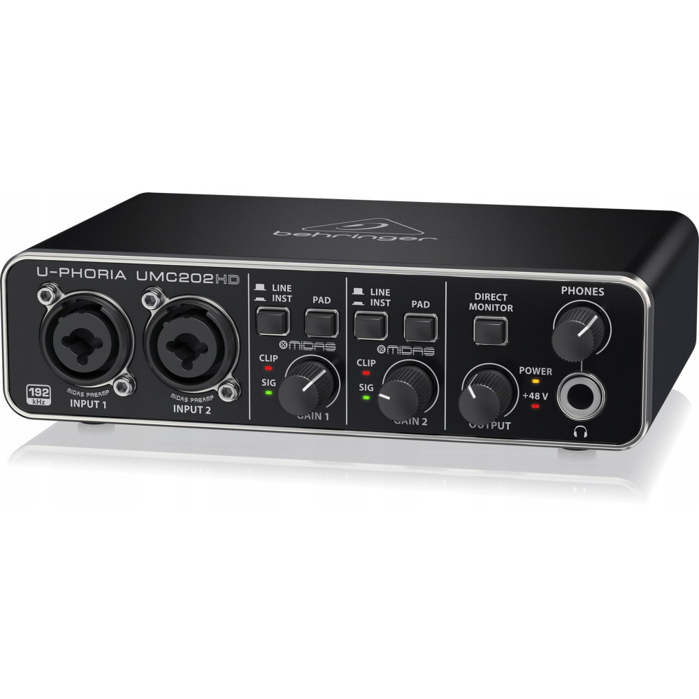 Czarny interfejs audio z dwoma wejściami XLR, pokrętłami i portami.