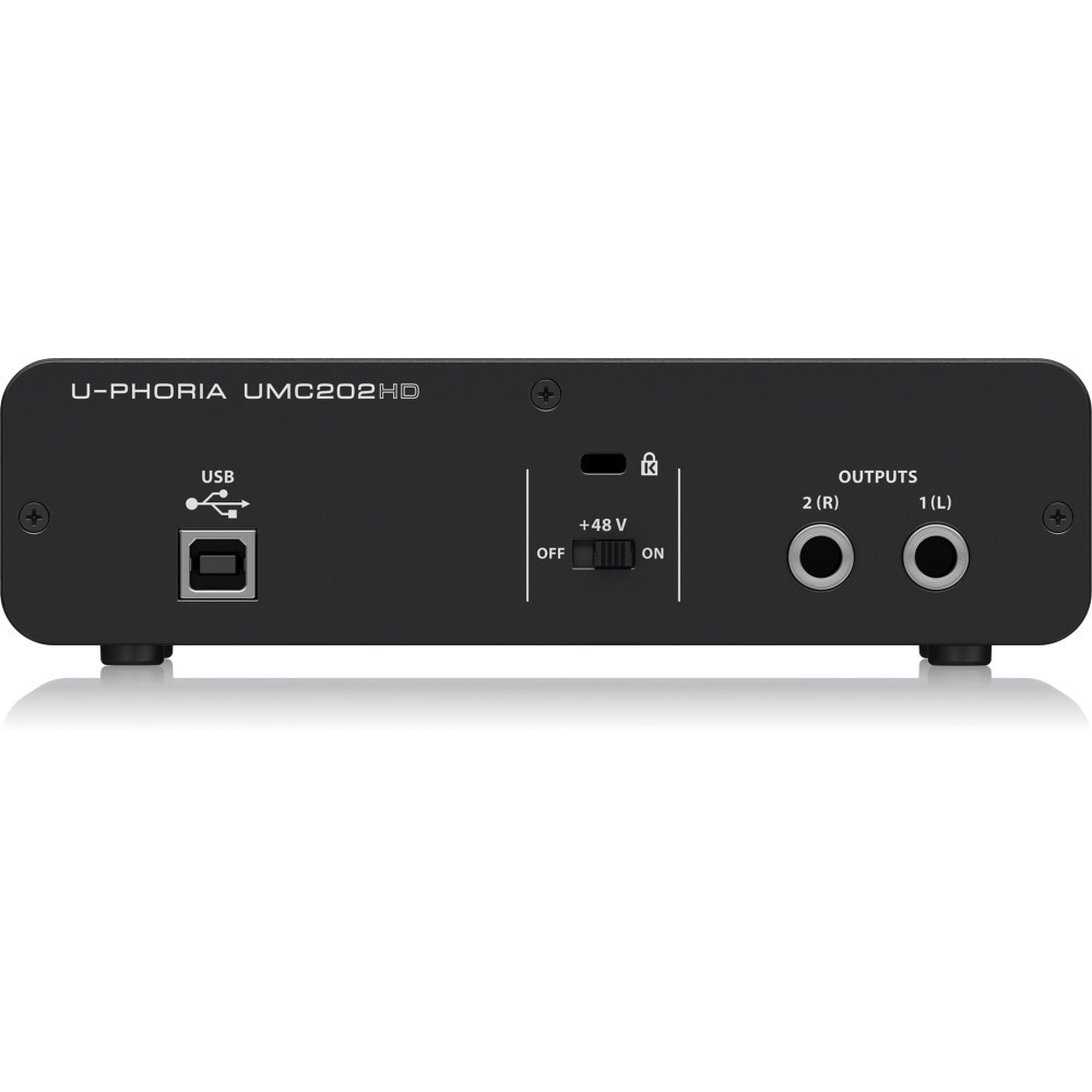 Tył czarnego urządzenia audio z portem USB, przełącznikiem +48V i dwoma wyjściami.