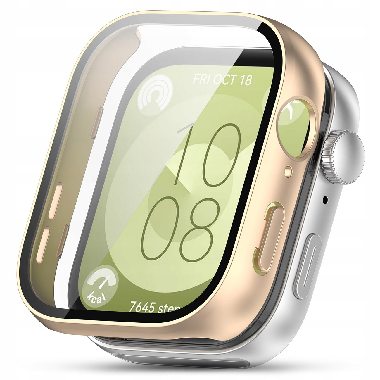 Złoty i srebrny Apple Watch z etui ochronnym i zielonym ekranem pokazującym czas i kroki.
