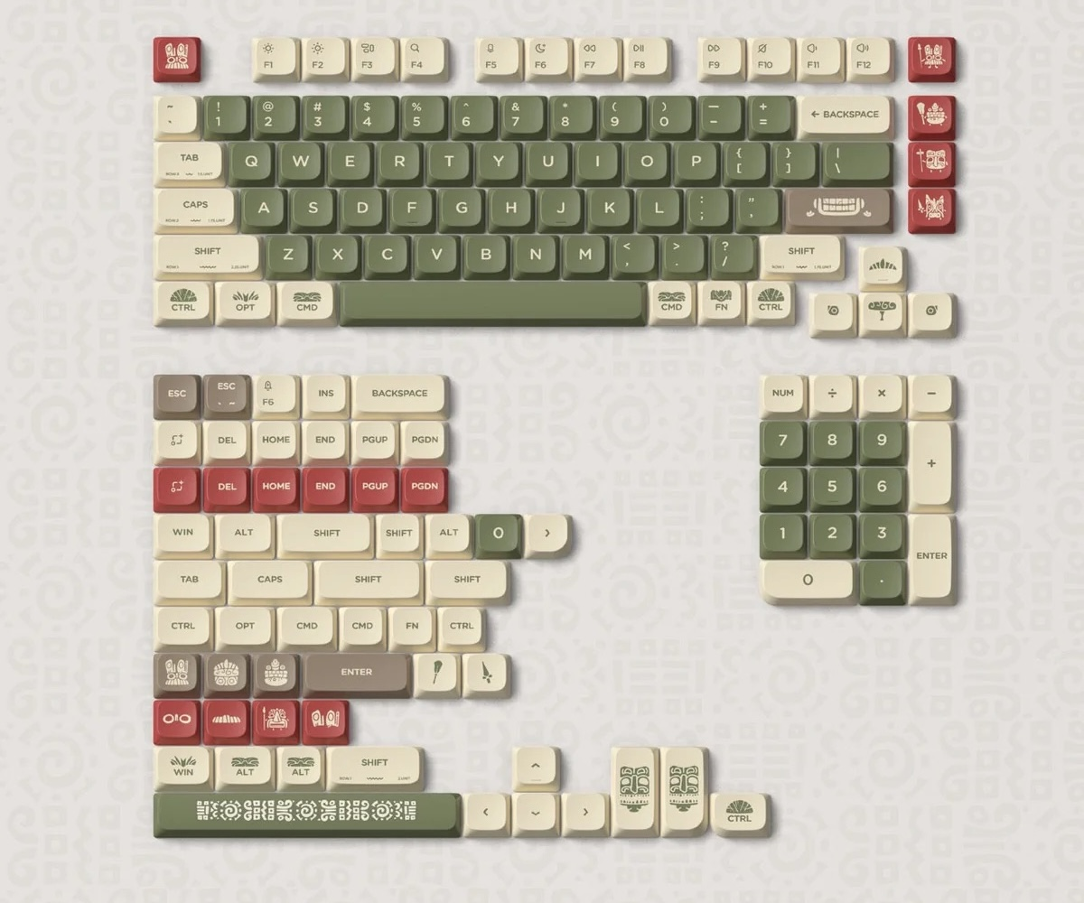 Kolekcja beżowych, zielonych i czerwonych klawiszy z symbolami i wzorami.