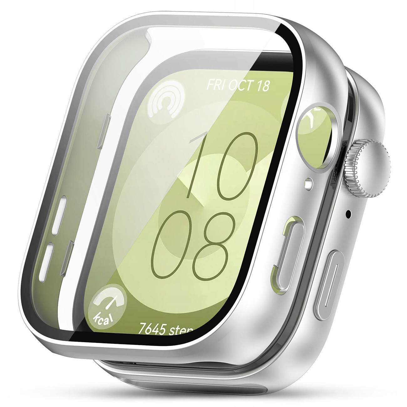 Srebrny smartwatch z przezroczystą obudową, pokazuje godzinę 10:08 i dane aktywności.