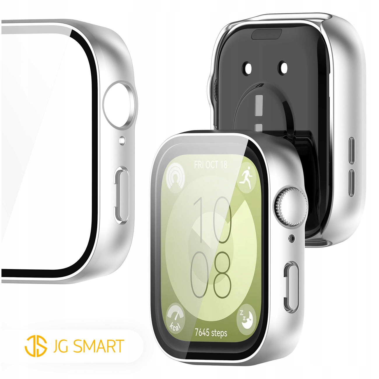 Srebrne etui na smartwatch z ekranem pokazującym 10:08, kroki.