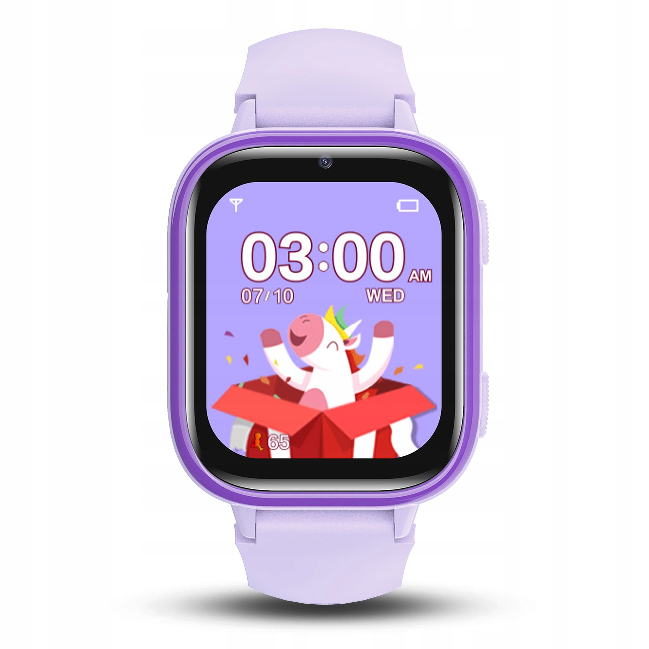 Fioletowy smartwatch z fioletową opaską i ramką pokazuje 3:00 i jednorożca w pudełku.