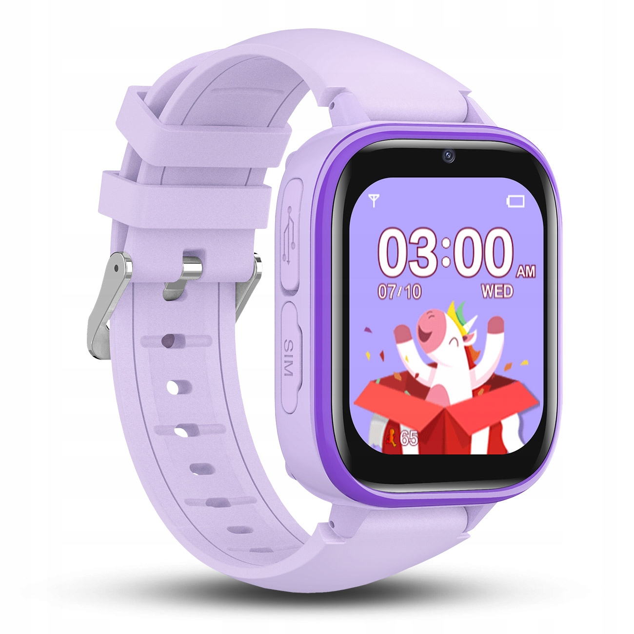 Fioletowy smartwatch dla dzieci z wyświetlaczem jednorożca, pokazuje 03:00.