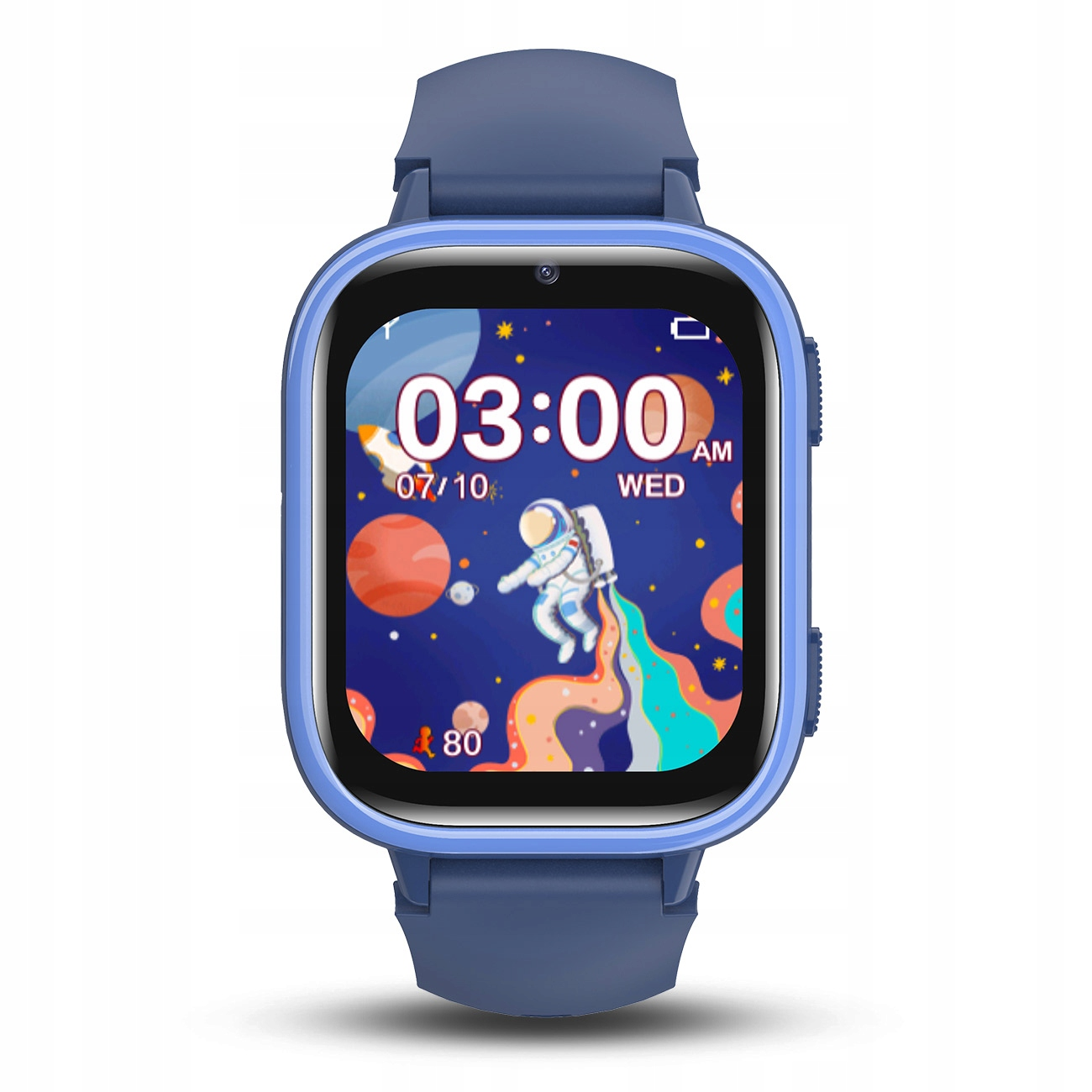 Niebieski smartwatch wyświetla 03:00, śr, 07/10 z astronautą i rakietą na ekranie kosmicznym.