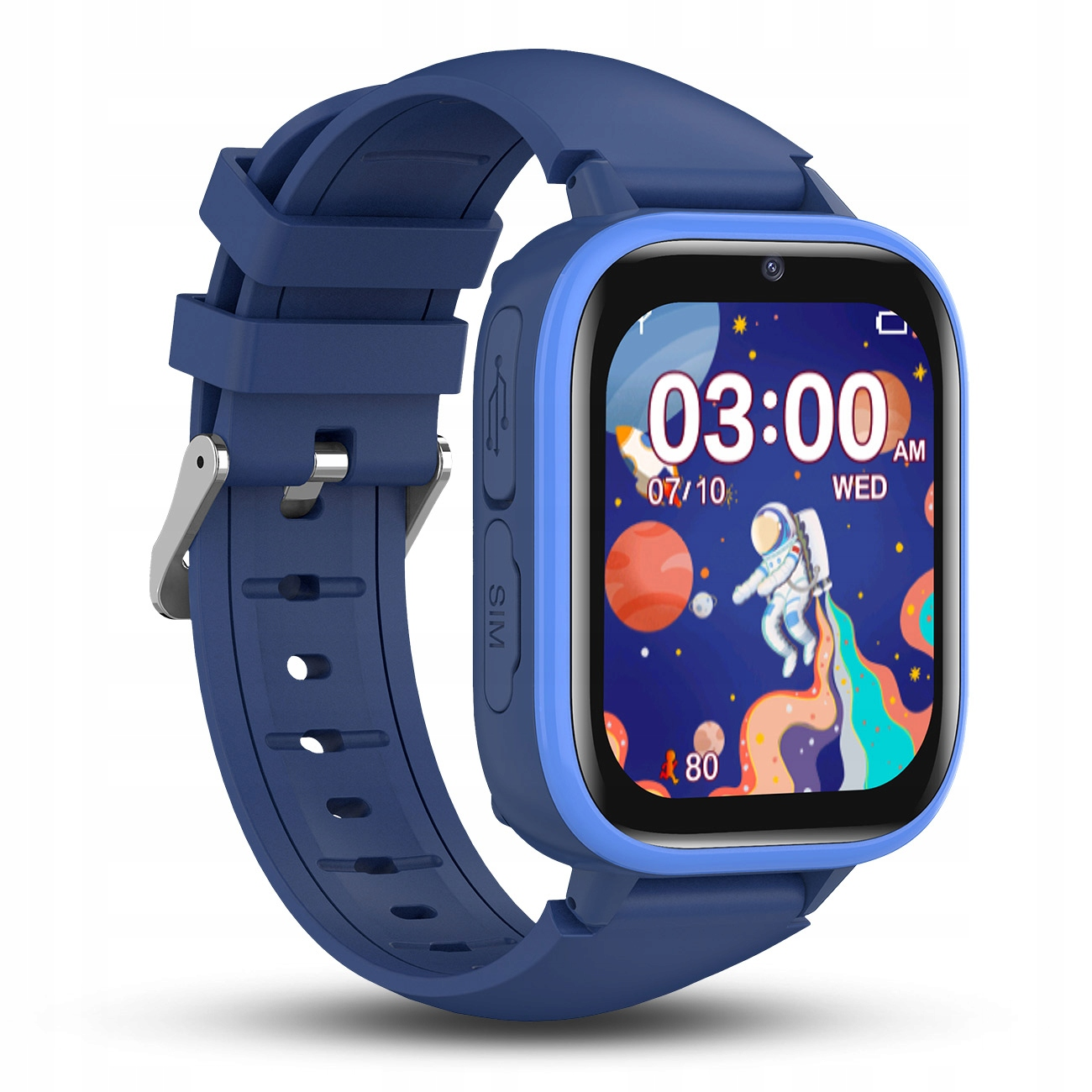 Niebieski smartwatch z motywem astronauty na ekranie. Jest 03:00.