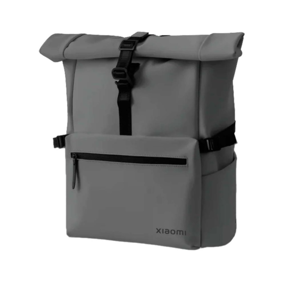 Mochila Xiaomi gris con bolsillo con cremallera y correas.