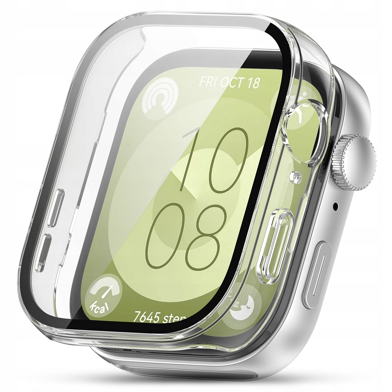 Przezroczyste etui ochronne na srebrnym smartwatchu, wyświetlające czas i aktywność.