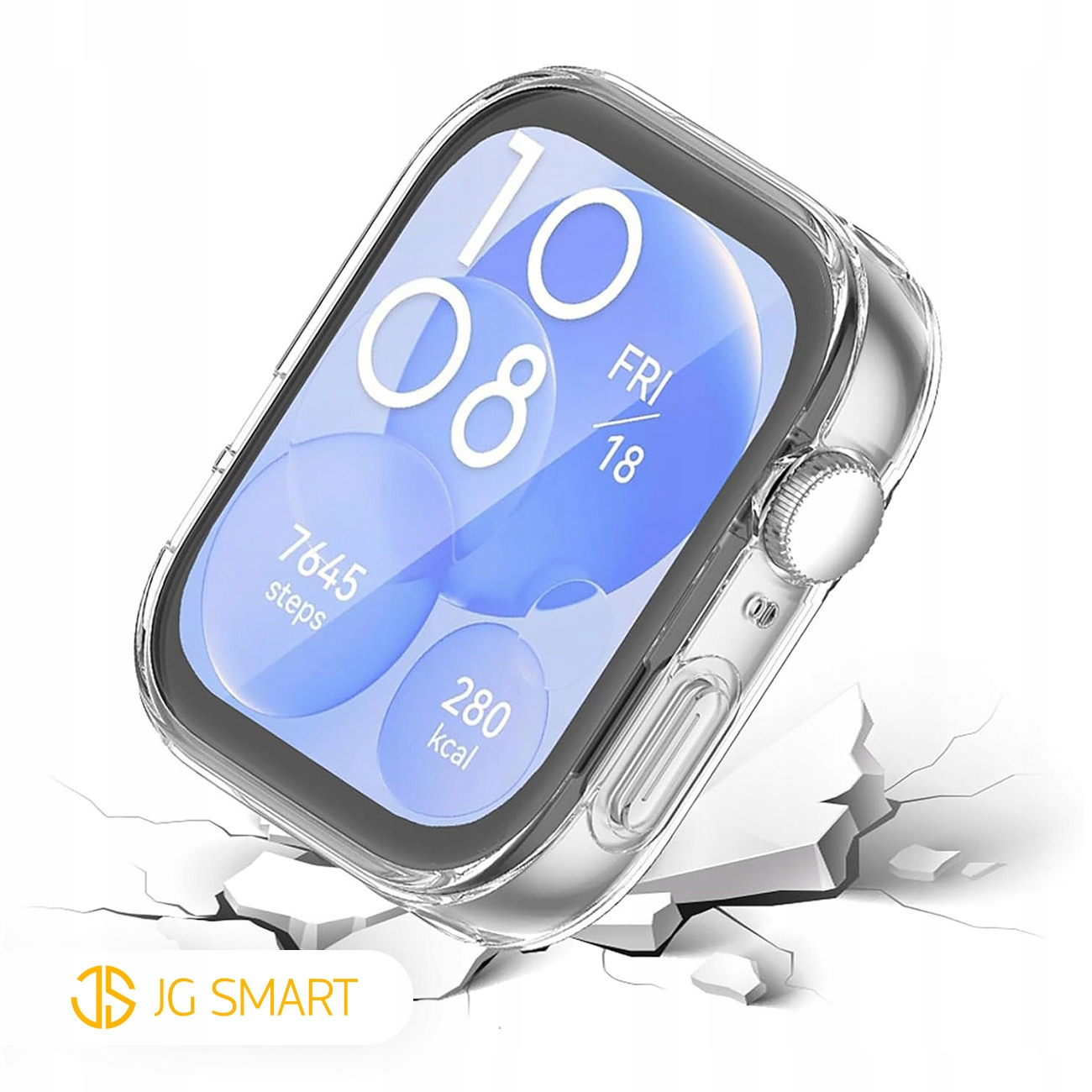 Przezroczyste etui ochronne na smartwatch pokazujące czas, kroki i kalorie.
