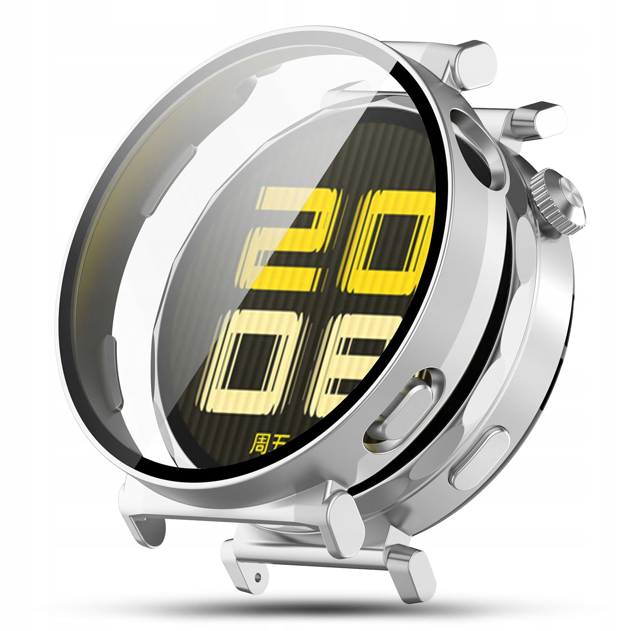 Srebrny smartwatch z żółtymi cyframi 20:06 na wyświetlaczu.