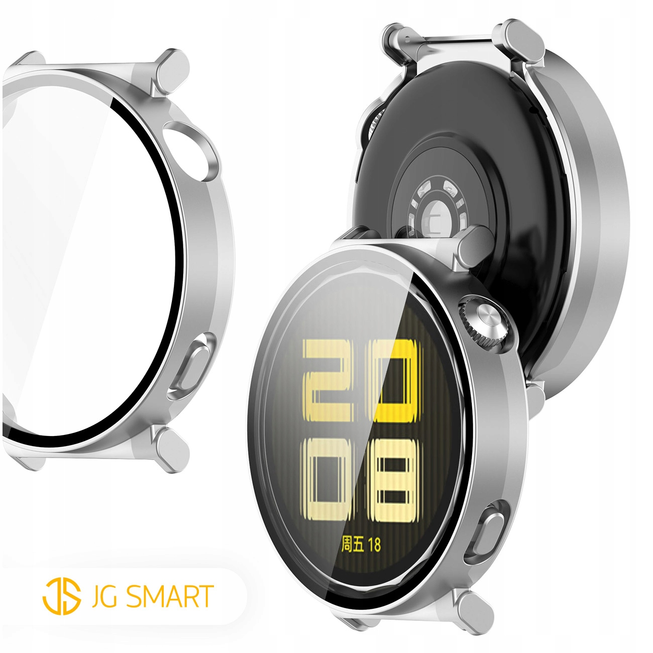 Srebrna koperta smartwatch z tarczą pokazującą 20:08.