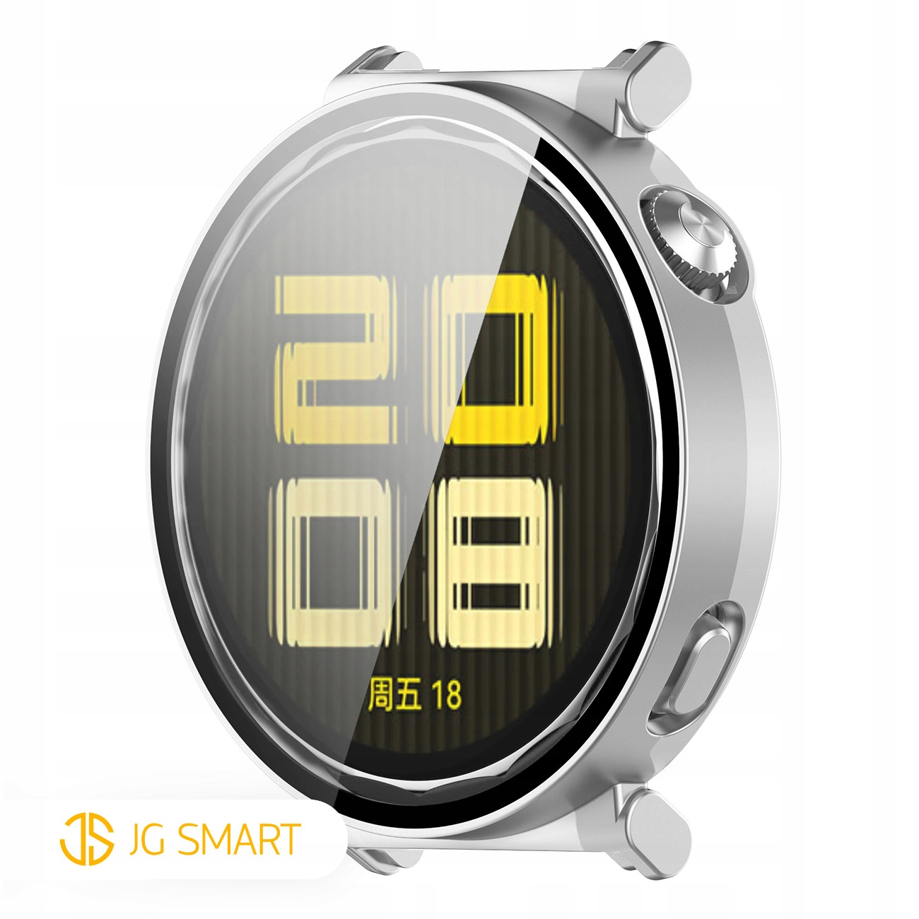 Srebrny smartwatch z okrągłym wyświetlaczem pokazującym 20:08.