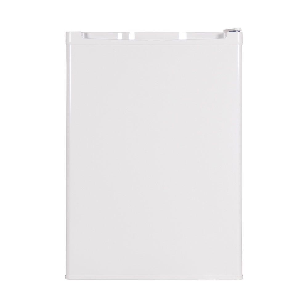 Ein weißer, aufrechter Kühlschrank mit silbernem Griff oben.
