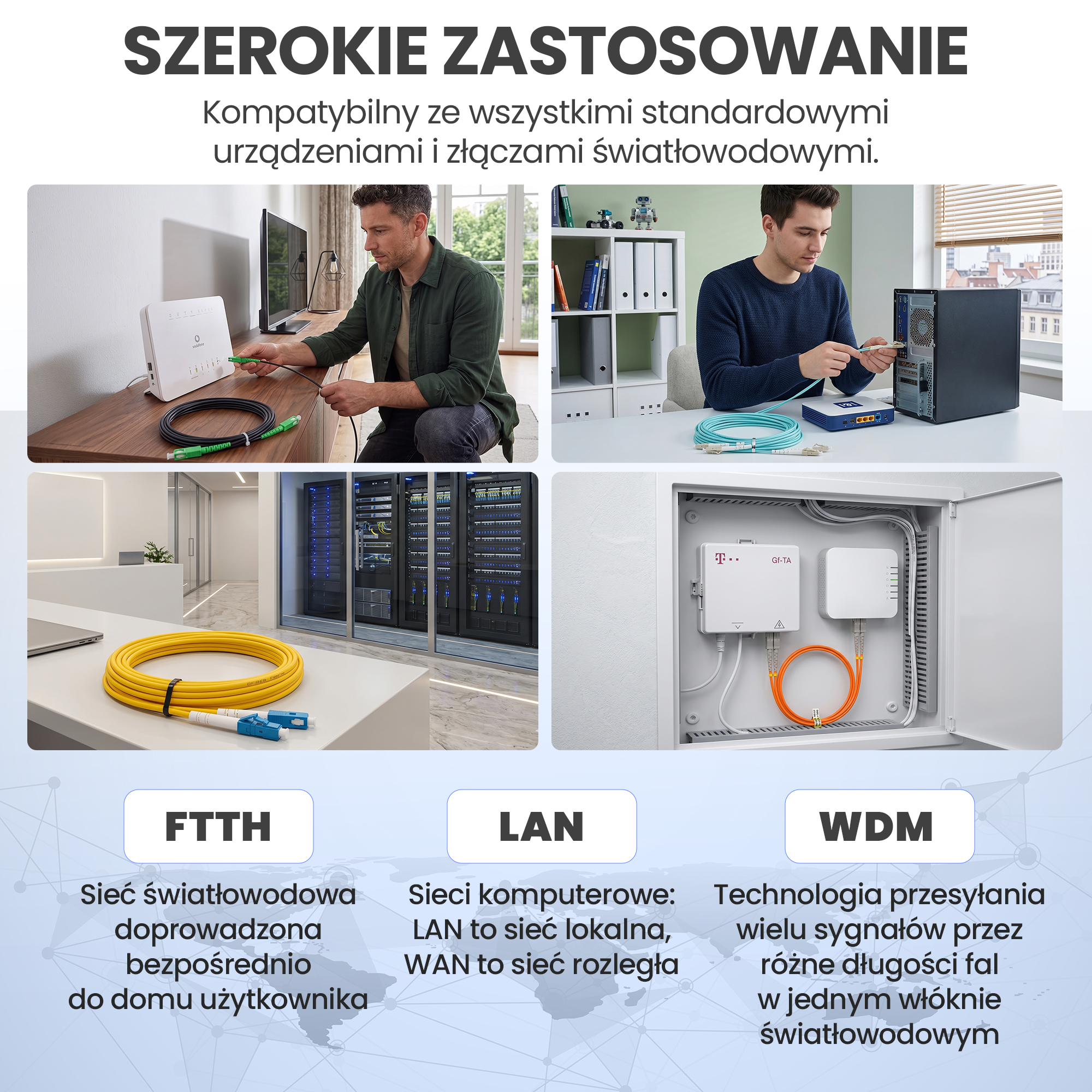 Kolaż pokazuje technologię światłowodową: mężczyźni podłączają urządzenia, serwerownie.