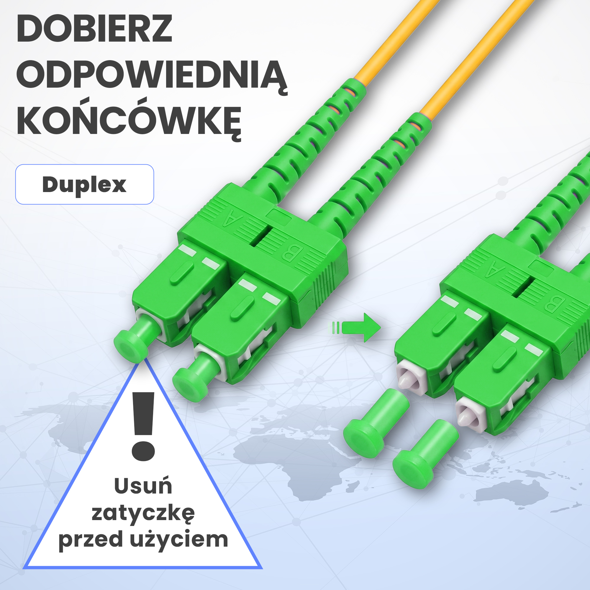 Dwa zielone kable światłowodowe duplex z żółtymi przewodami i zatyczkami.