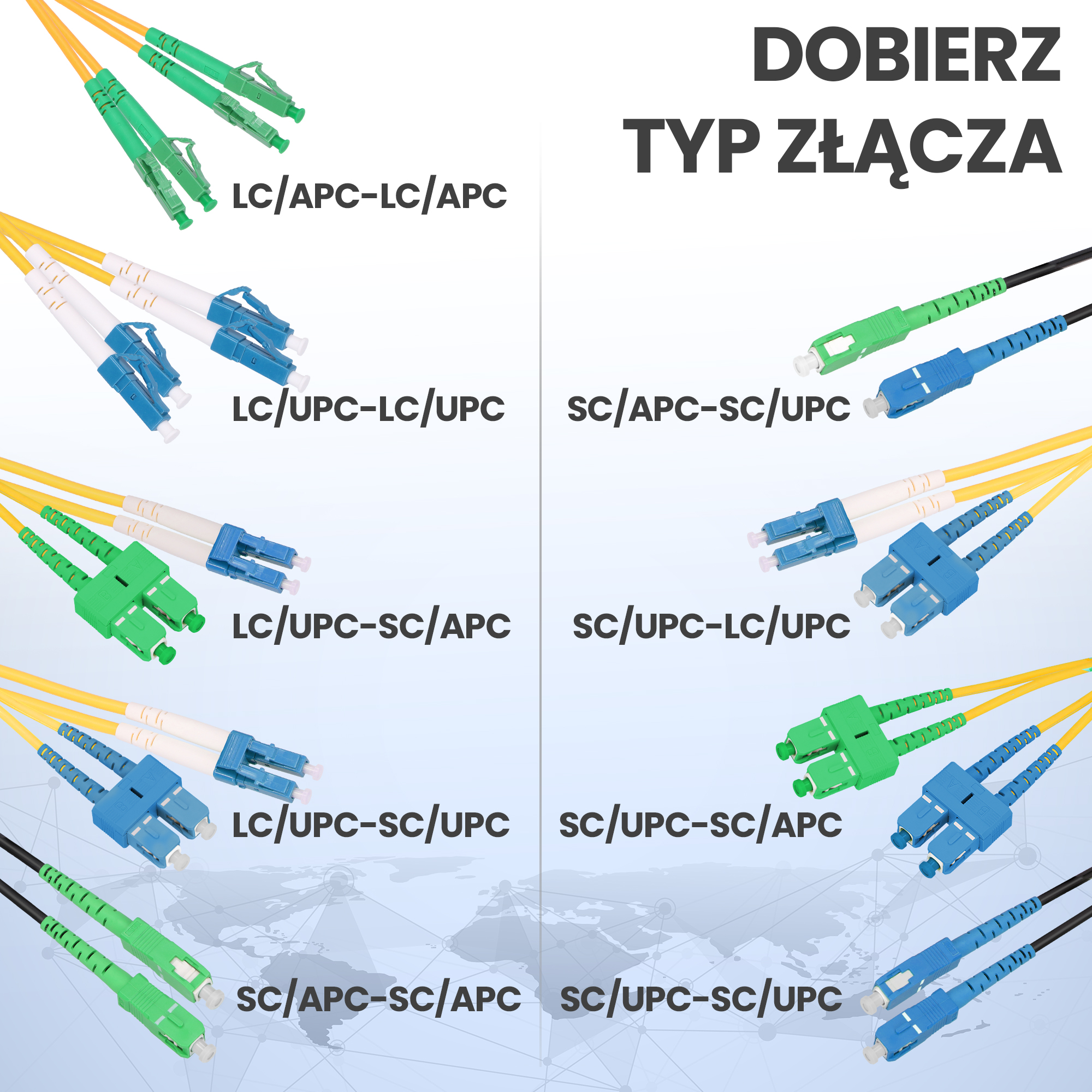 Kable światłowodowe z różnymi typami złączy: LC/APC-LC/APC, LC/UPC-LC/UPC, SC/APC-SC/UPC.