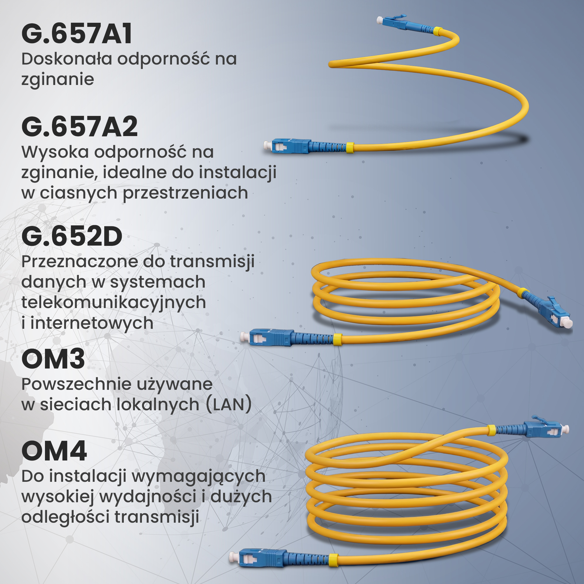 Żółty kabel światłowodowy z niebieskimi złączami, na szarym tle.