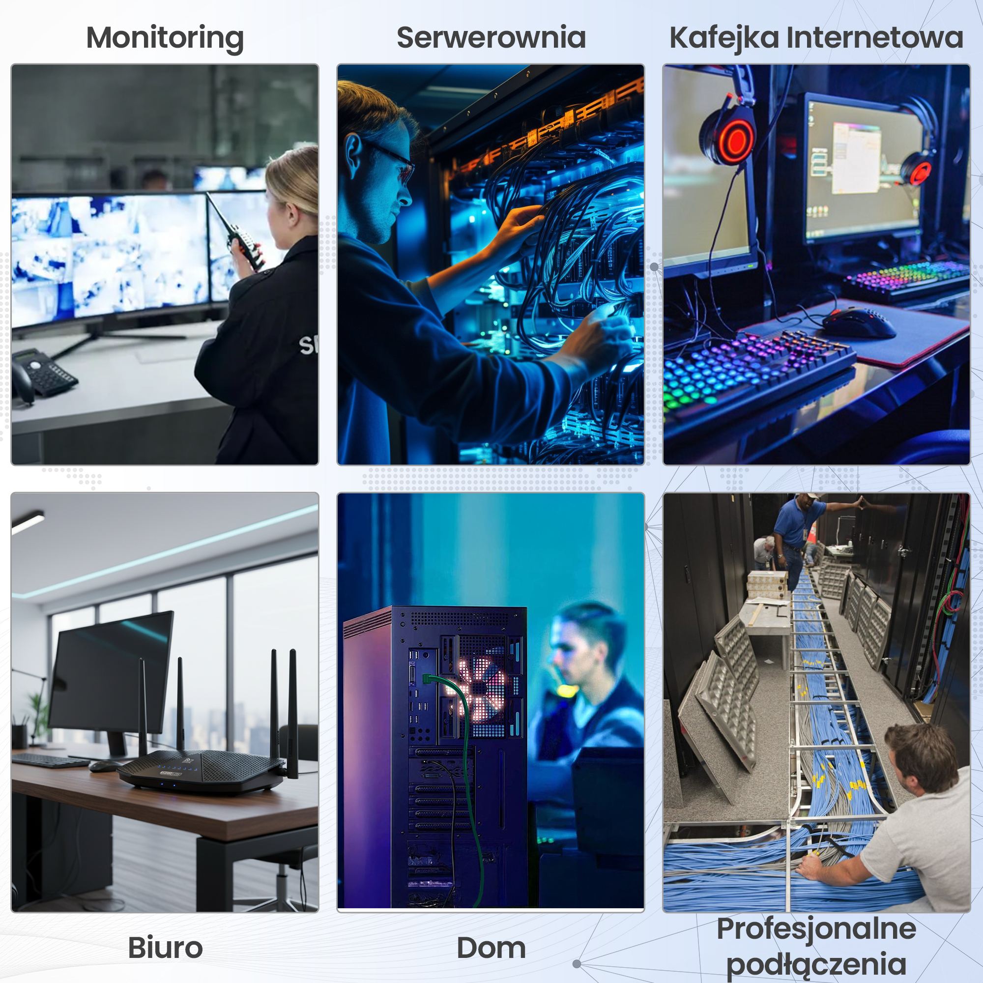 Ochroniarz monitoruje ekrany, technik pracuje przy serwerach, kolorowy komputer gamingowy.