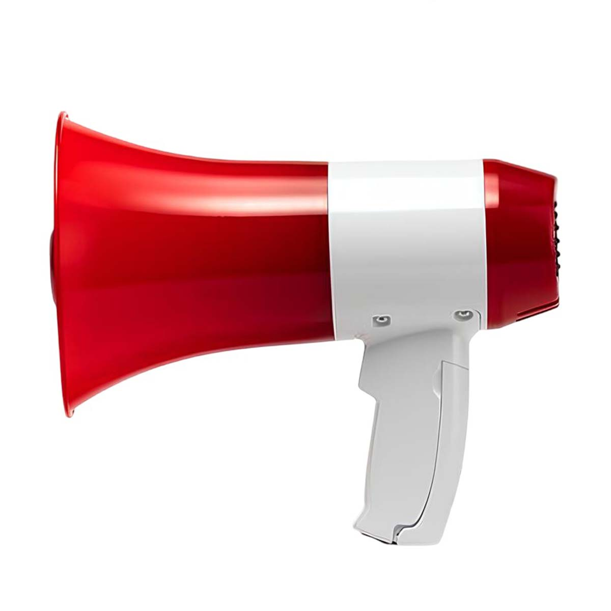 Ein roter und weißer Megafon vor weißem Hintergrund.