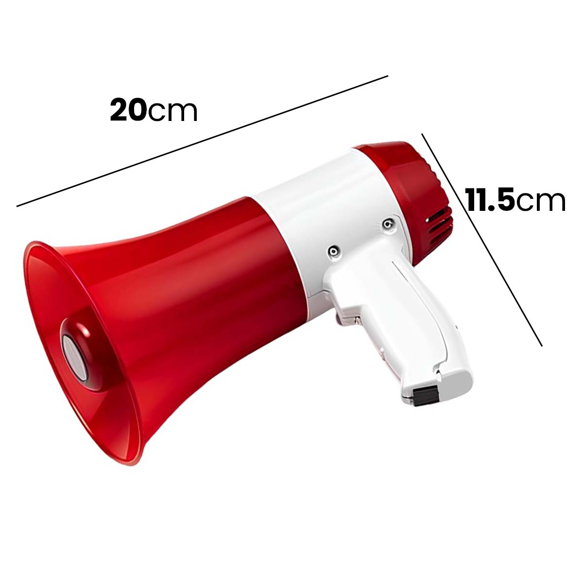 Ein roter und weißer Megafon mit Maßen 20cm und 11,5cm.