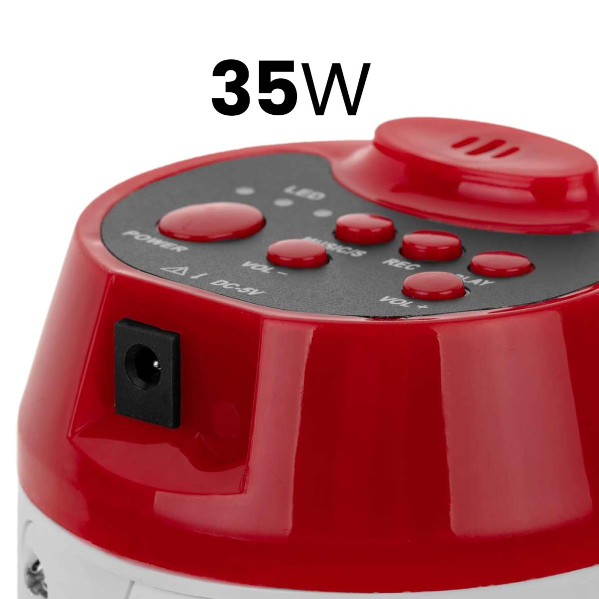 Nahaufnahme eines roten Geräts mit schwarzen Bedienelementen und der Aufschrift 35W.