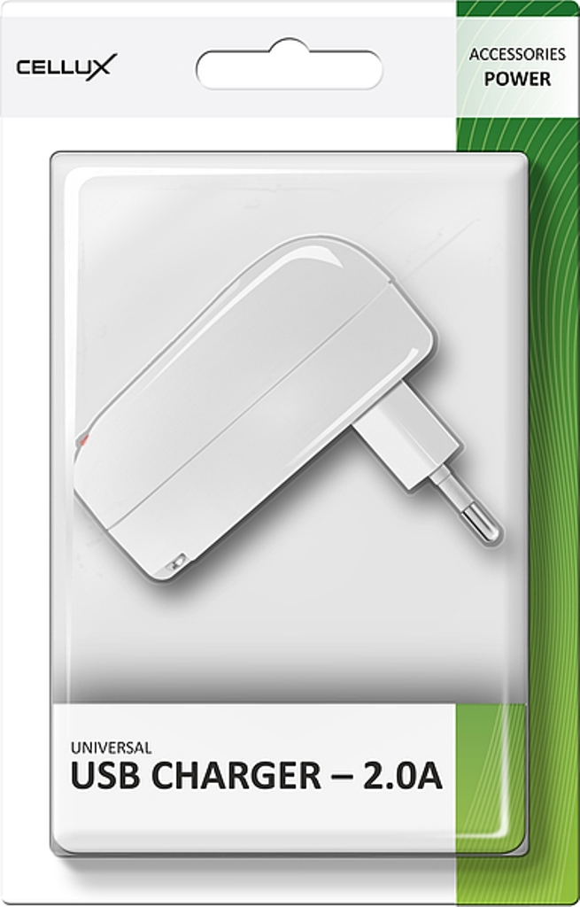 Verpackung eines weißen CELLUX USB-Ladegeräts mit 2,0A.