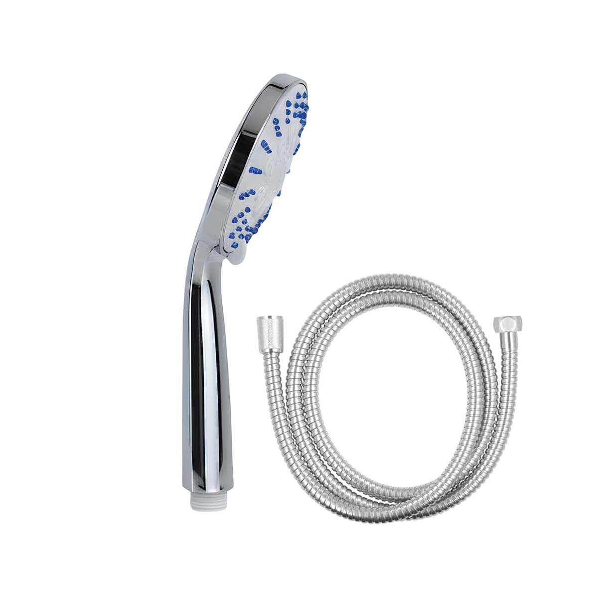 Eine glänzende Chrom-Handbrause mit blauen Düsen und einem flexiblen Schlauch.