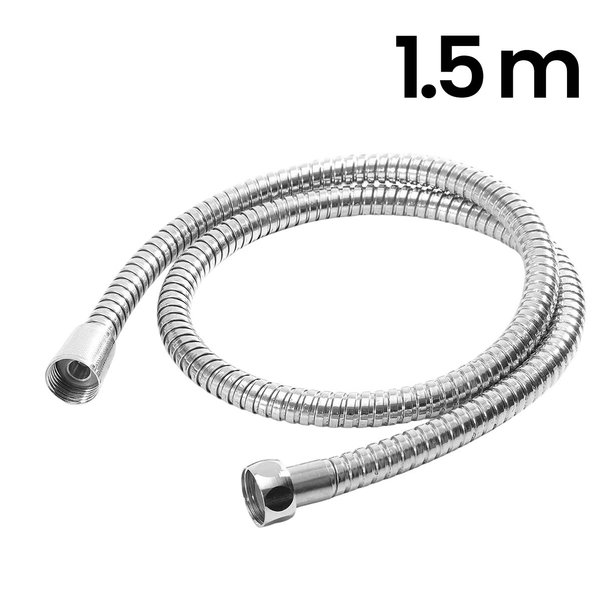 Eine 1,5 m lange, silberne Duschbrause mit flexibler Metallummantelung.