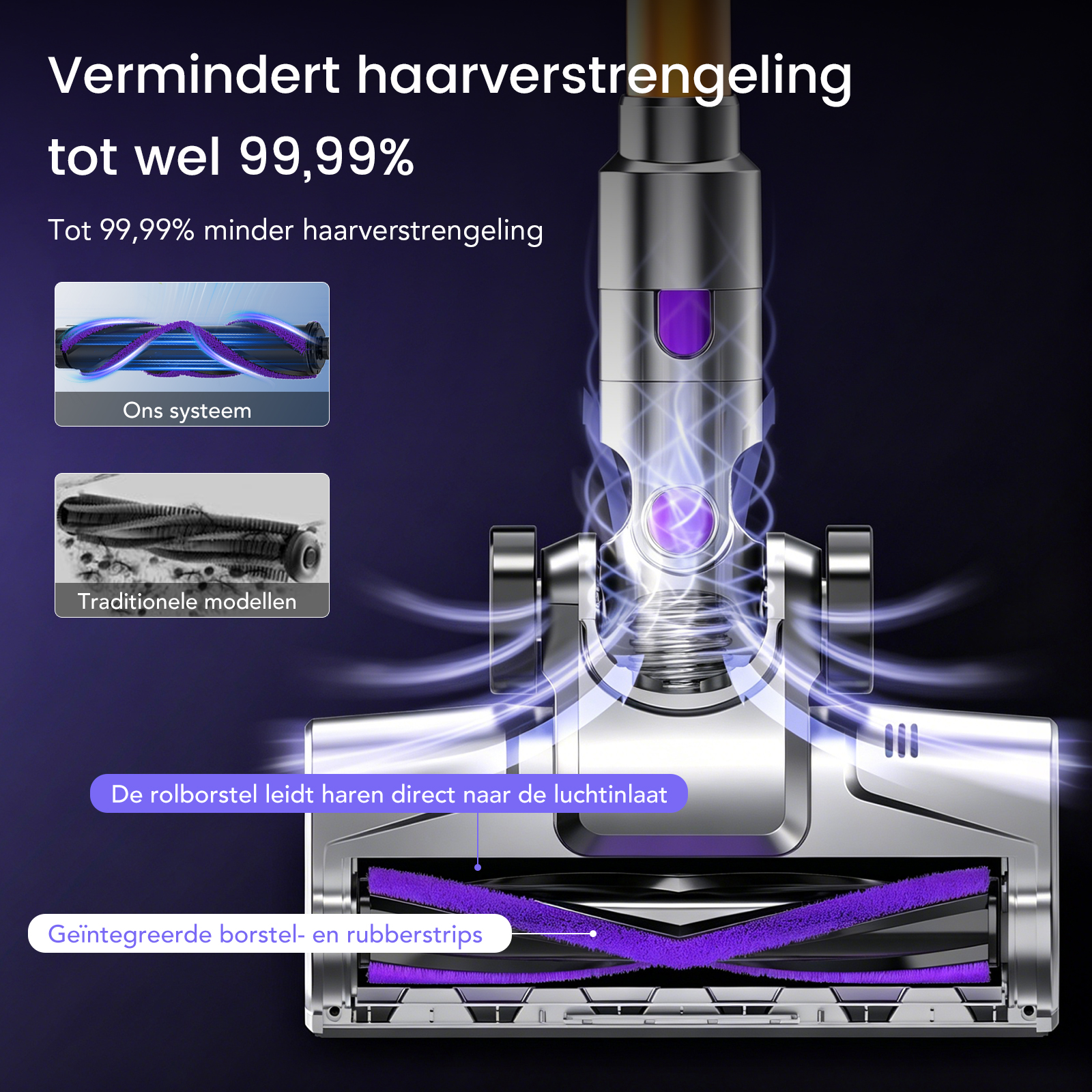 Zuigerkop met borstel en rubberstrips, vermindert haarverwarring.
