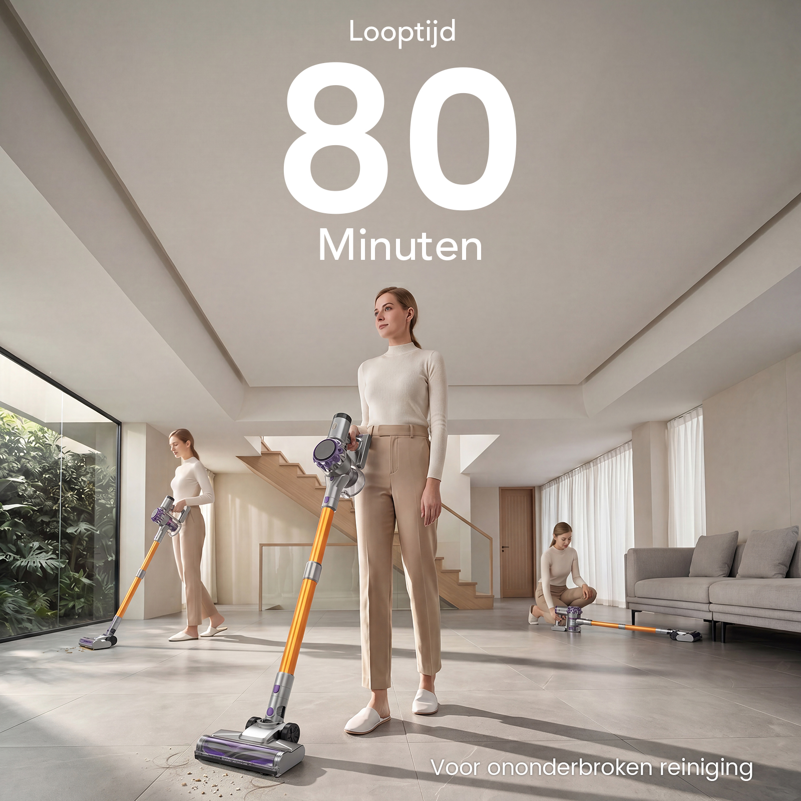 Drie vrouwen maken een modern huis schoon met steelstofzuigers. Tekst: '80 Minuten'.