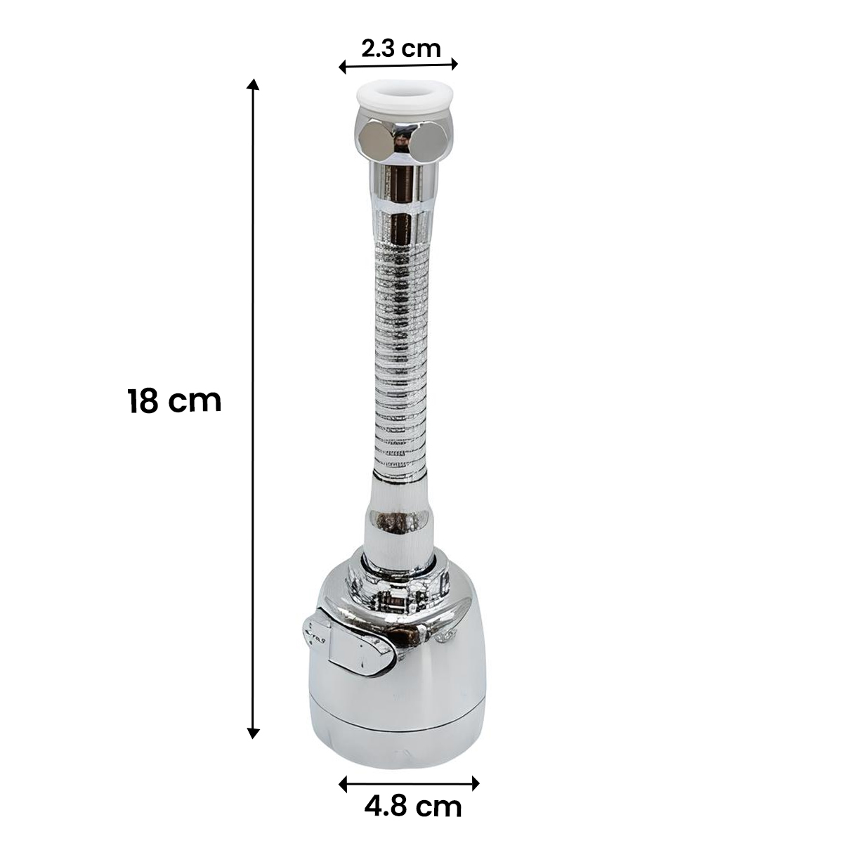 Ein flexibler Wasserhahnaufsatz aus Chrom mit Maßen von 18 cm Höhe und 2,3 cm/4,8 cm Breite.