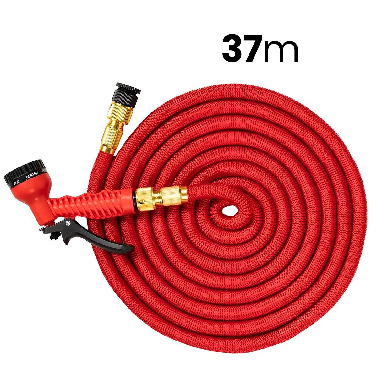 Roter Gartenschlauch, 37m, mit Sprühkopf und Messinganschluss.