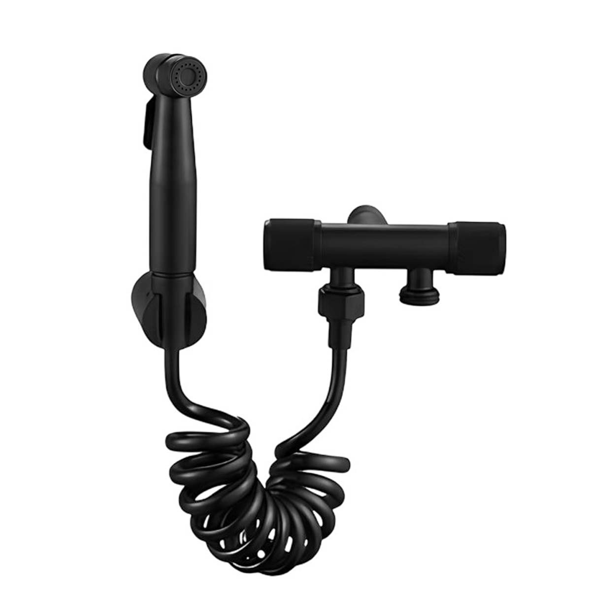 Schwarzer Bidet-Sprühkopf mit Schlauch und Halterung auf weißem Hintergrund.