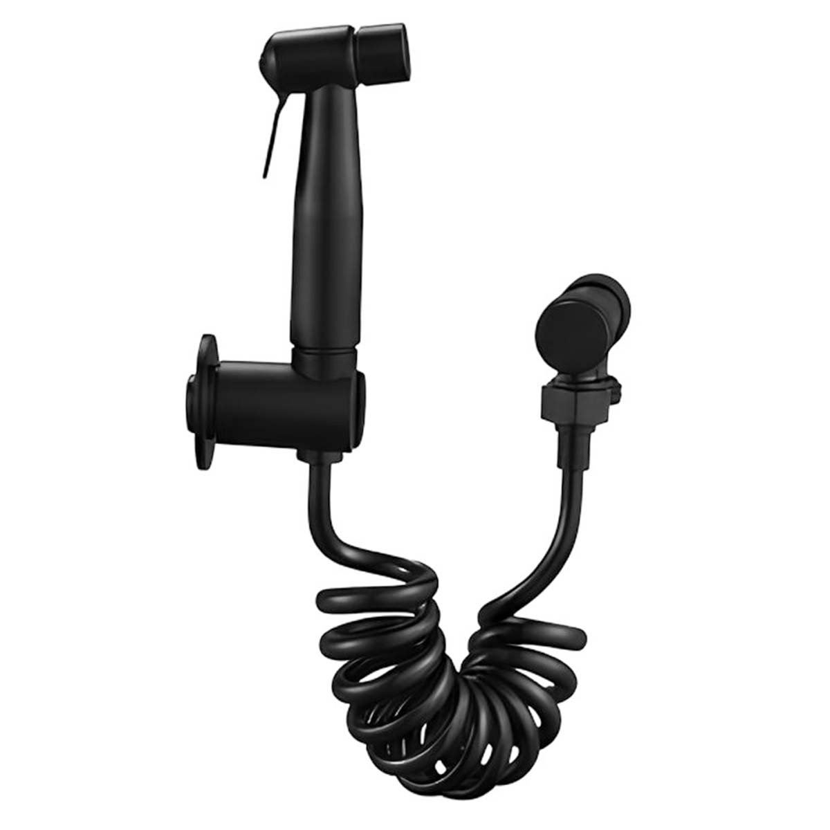 Schwarze Bidet-Sprühgarnitur mit Schlauch und Wandhalterung.