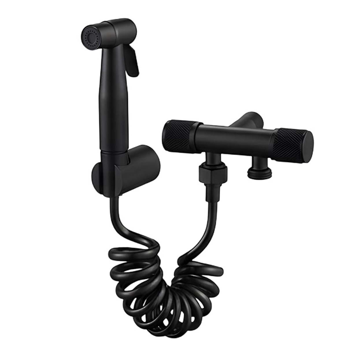 Schwarzer Bidet-Sprühkopf mit Schlauch und Wandhalterung, daneben ein Ventil.